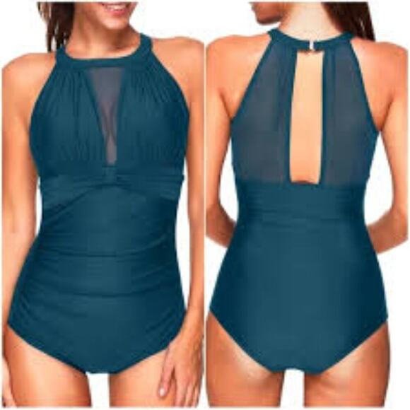 TEMPT ME HIGH NECK PLUNGE MESH RUCHED MONOKINI WOMEN SWIMSUIT SIZE MEDIUM NEW - Picture 1 of 7